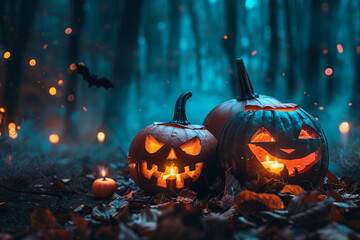 A pumpkin with a scary face is surrounded by other pumpkins. Scene is spooky and festive - obrazy, fototapety, plakaty