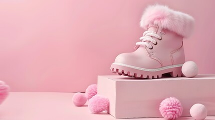 Leather warm baby boots with fluffy balls on light pink floor background