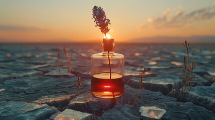   A bottle, filled with liquid, atop a rocky terrain's surface A plant emerges from its mouth - obrazy, fototapety, plakaty