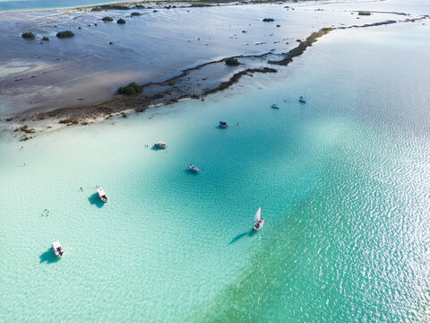 Aerial View of Boats at Canal de los Piratas, Pirates Channel, Bacalar Lagoon, Quintana Roo, Mexico.