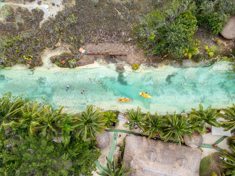 Aerial View of Los R&aacute;pidos de Bacalar with Canoes, Bacalar Lagoon, Quintana Roo, Mexico.