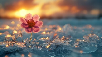  A pink flower atop frozen ice over a tranquil body of water, sun behind