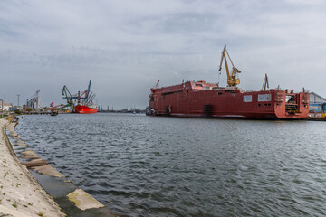 The hull of a new ferry being built at the repair shipyard in Gdansk