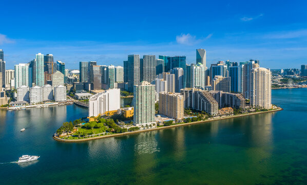 Aerial view of modern cityscape with skyscrapers in Brickell Key, Miami, Florida, United States.