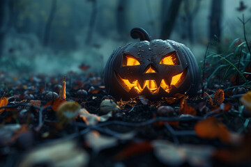 Three pumpkins with scary faces are lit up in the dark. The scene is set in a forest, with a bat flying overhead. Scene is spooky and eerie, with the glowing pumpkins adding to the atmosphere