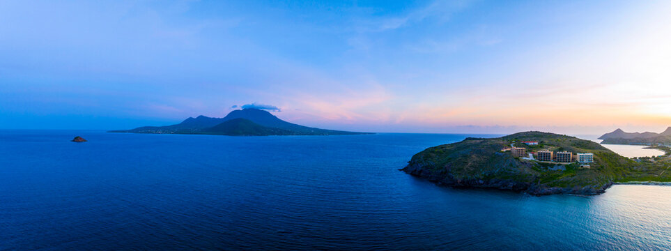 Aerial view of coastline and bay at sunrise, Basseterre, Saint Kitts and Nevis.