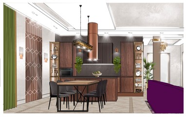 Kitchen with island and bar