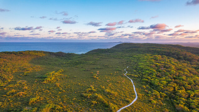 Aerial drone view at sunrise of the Cooloola Great Walk from Brahminy walkers camp north of Noosa North Shore and Noosa Heads, on the Sunshine coast of Queensland, Australia. It has a dreamy feeling.