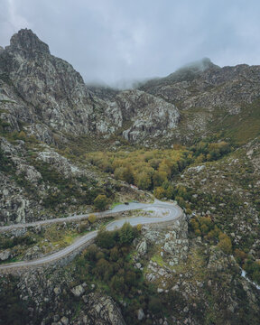 Aerial view of Covao d'Ametade Forest with Serra da Estrela, Castelo Branco, Portugal.