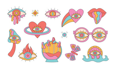 Retro groovy hippie abstract glasses, heart, eye, mouth, mushroom, butterfly. Cartoon trippy bright stickers set