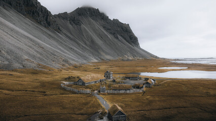 Aerial view of snow-covered mountain peak in Stokksnes, Southern Region, Iceland.