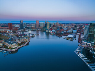 Aerial view of downtown Baltimore with Inner Harbor and Patapsco River, Baltimore, Maryland, United States.