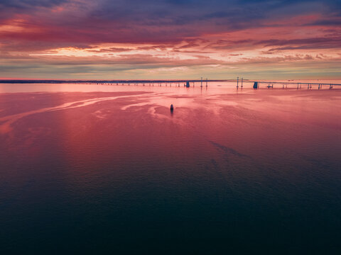 Aerial view of Chesapeake Bay at sunrise with Bay Bridge, Annapolis, Maryland, United States.