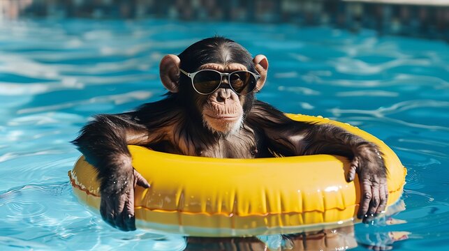 Loosening up monkey with shades swimming in the pool on an inflatable yellow circle