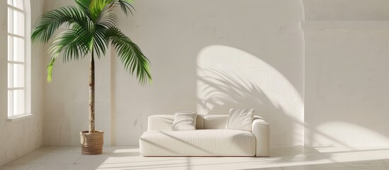 The phrase will be rewritten in a white room with a sofa, window, and a green palm tree. - obrazy, fototapety, plakaty