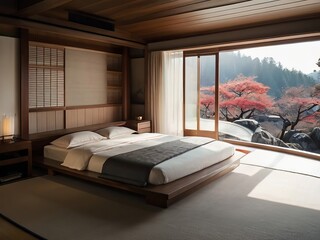 Japanese style bedroom interior design, simple style and cherry blossom tree outside the window - 788677490