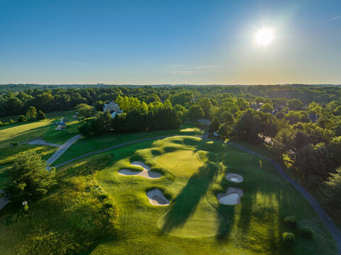 Aerial view of natural green fairway at Fairway Hills Golf Course, Columbia, Maryland, United States.