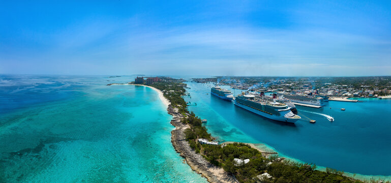 Nassau, The Bahamas - 16 April 2024: Aerial view of Nassau Harbour with Paradise Island and cruise ship, New Providence, The Bahamas.
