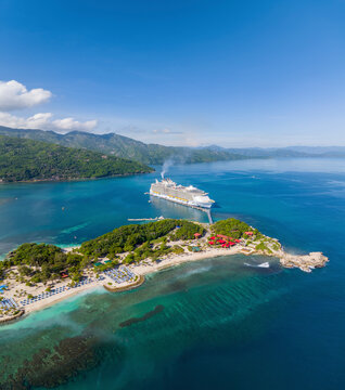 Cap-Ha&iuml;tien, Haiti - 16 April 2024: Aerial view of turquoise sea and coastal shapes, Labadee, Allure of the Seas, cruise ship, Cap-Haitien, Haiti.