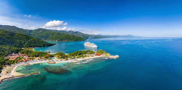 Aerial view of Labadee, Allure of the Seas cruise ship on turquoise waters, Cap-Haitien, Nord, Haiti.