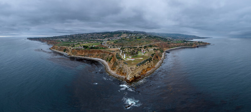 Aerial view of Point Vicente Lighthouse overlooking the Atlantic Ocean, Rancho Palos Verdes, California.