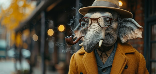  A statute of an elephant donning glasses and a hat, with a pipe protruding from its trunk, appears to be smoking - obrazy, fototapety, plakaty