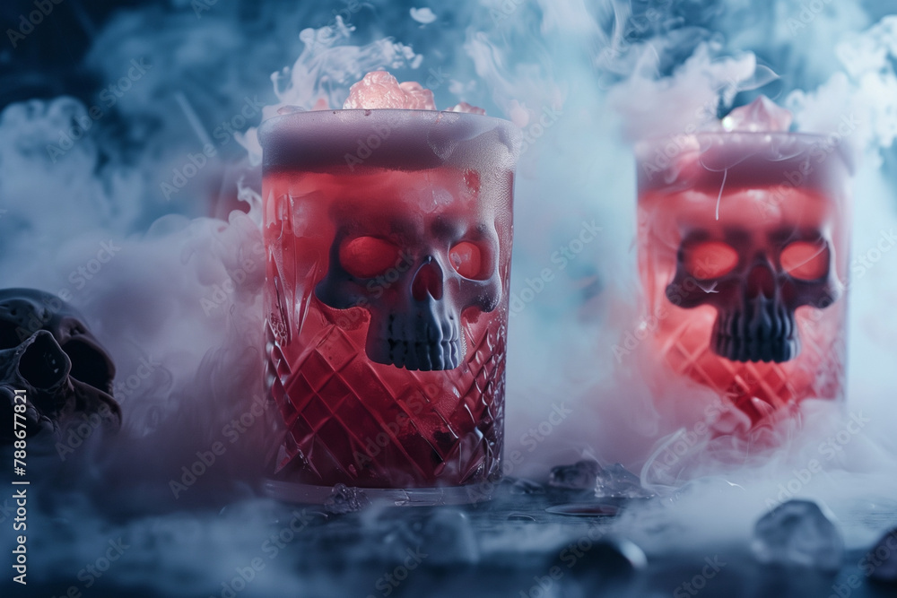 Poster two skulls with red liquid in them are on a table with skulls and skulls