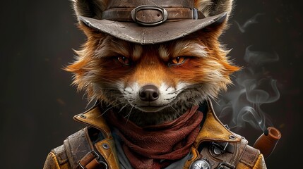  A tight shot of a fox donning a hat and a leather jacket, holding a pipe in its mouth