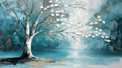 An abstract oil painting of nature with a duotone color palette in a unique and expressive atmosphere. Landscape with natural elements in rich and expressive tones.