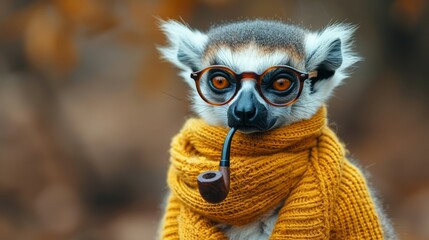   A tight shot of a small animal donning glasses and a knitted scarf, holding a pipe in its mouth