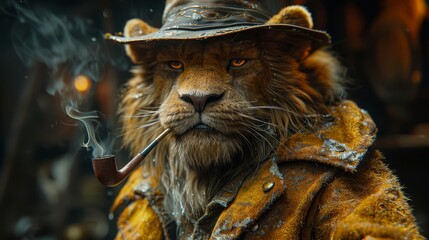   A close-up of a lion wearing a hat, holding a pipe in its mouth
