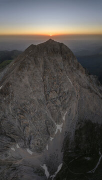 Aerial view of snowy Gran Sasso Mountain in Campo Imperatore, Teramo, Italy.