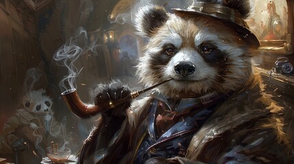   A painting of a raccoon donning a top hat, holding a pipe with emitting smoke