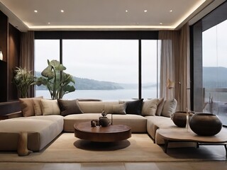 Interior of modern living room with sea view, sofa and coffee table - 788678609
