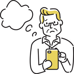定番　伝わる 人物イラスト こんなお悩みありませんか？　50代60代のスマホで困っている眼鏡の男性