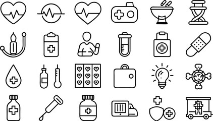 Medicine and health icons in flat style. Icons in flat, contour, thin, minimal and linear design. Vector illustration on isolated background