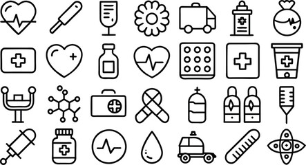 Medicine and health icons in flat style. Icons in flat, contour, thin, minimal and linear design. Vector illustration on isolated background