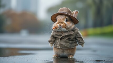   A rabbit, clad in a coat and hat, stands on a wet city street's center