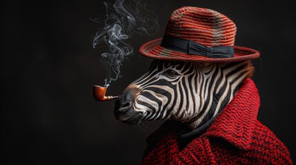  red garments conceal stripes; pipe protrudes, smoke ascends - obrazy, fototapety, plakaty