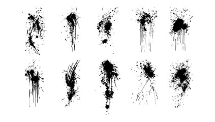 Brushstroke drops set black and white vector illustration. Ink paint art and splash element design. Graphic stroke collection texture artistic border. Drawing blot