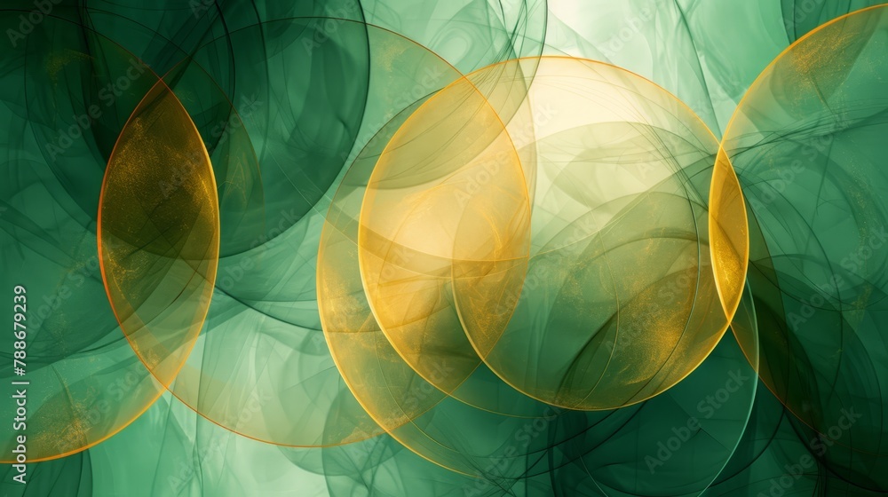 Poster a yellow circle at the image's bottom against a backdrop of green and abstract circles circles accum