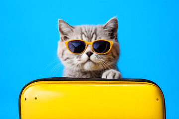 Cute kitten in sunglasses sits on a suitcase on a blue background - obrazy, fototapety, plakaty