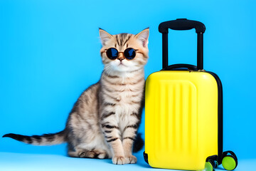 Cute cat in sunglasses with yellow travel suitcase on blue background. - obrazy, fototapety, plakaty