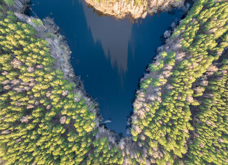 Spring or autumn lake in forest. Aerial view of lake in spring or autumn