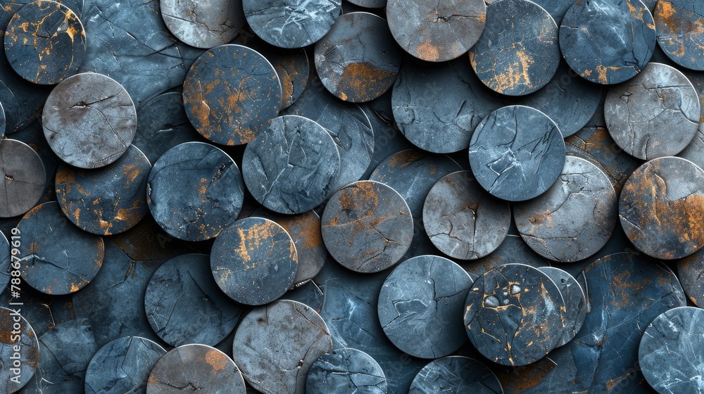 Aufkleber a stack of metal discs atop another stack, both resting on a third stack of metal discs