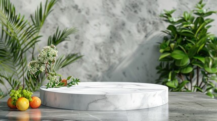 White marble podium stand display with natural plant summer scene background. AI generated