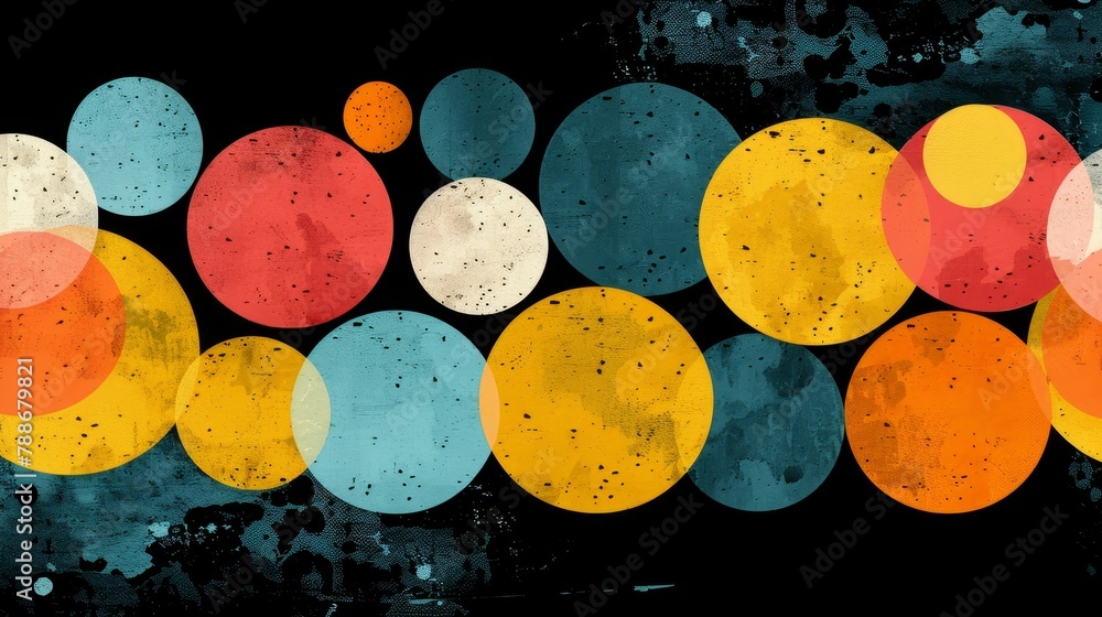 Poster a black background with various colored circles clustered in its center, and a black background feat