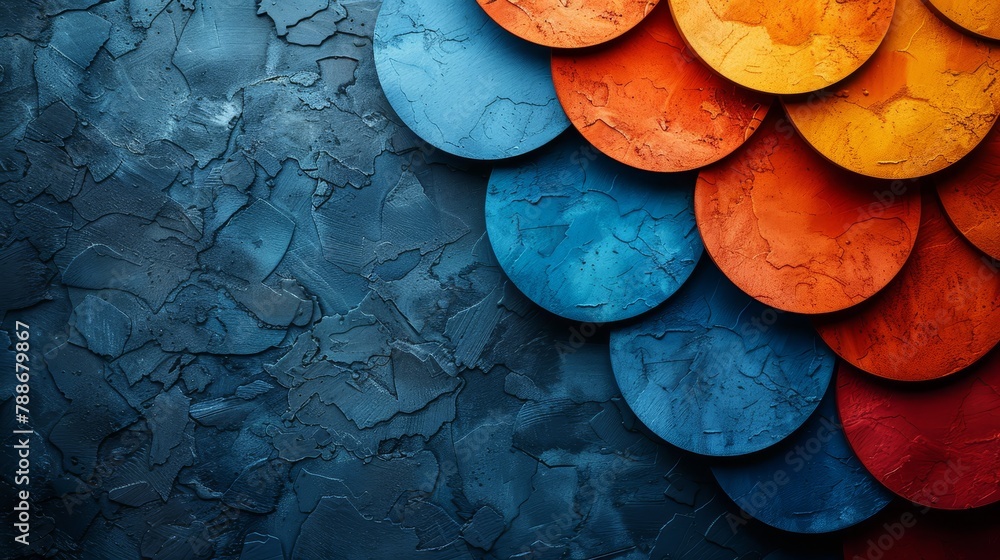 Poster a tight shot of a multicolored wall, adorned with circular patterns at its upper and lower edges