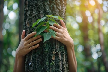 Human hands gently embracing a tree trunk symbolizing connection with nature and environmental care