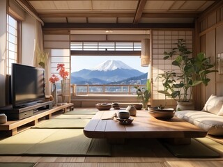 Japanese-style living room with view of Mount Fuji. - 788680269
